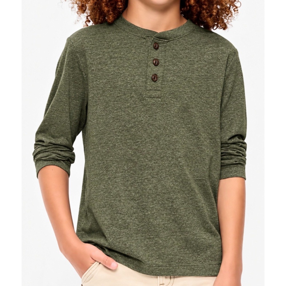 There Abouts Heather Olive Green Long Sleeve Henley Shirt. Kid's 8 Small